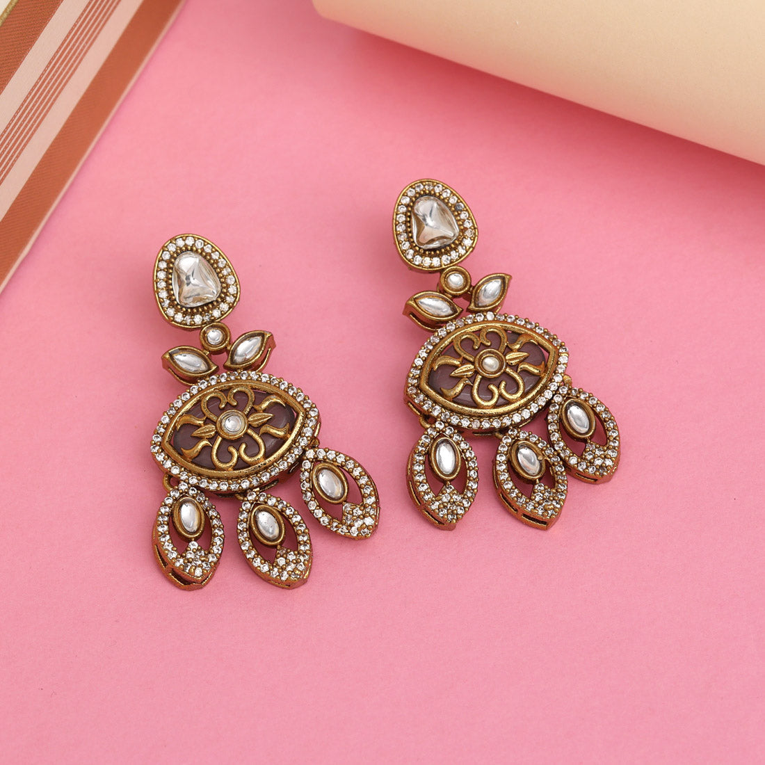 Grey Color Royal Look Handmade Jaipur Earrings On Brass Metal With Moissanite Kundan Andad Stones Studded On Apala Polish (ADE612GRY) Jewellery GetGlit