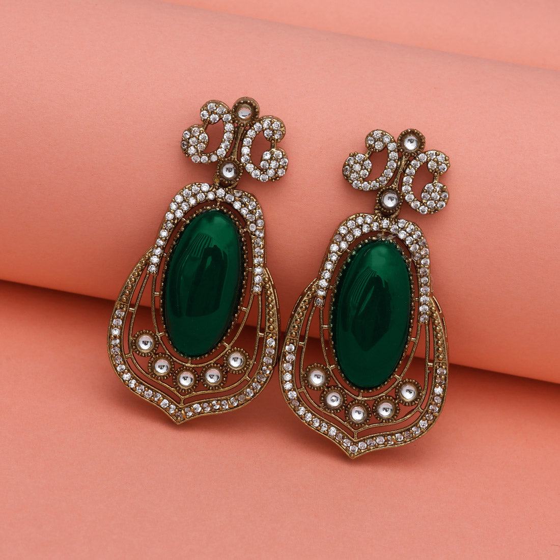 Green Color Royal Look Handmade Jaipur Earrings On Brass Metal With American Diamond And Monalisa Stones Studded On Apala Polish (ADE613GRN) Jewellery GetGlit