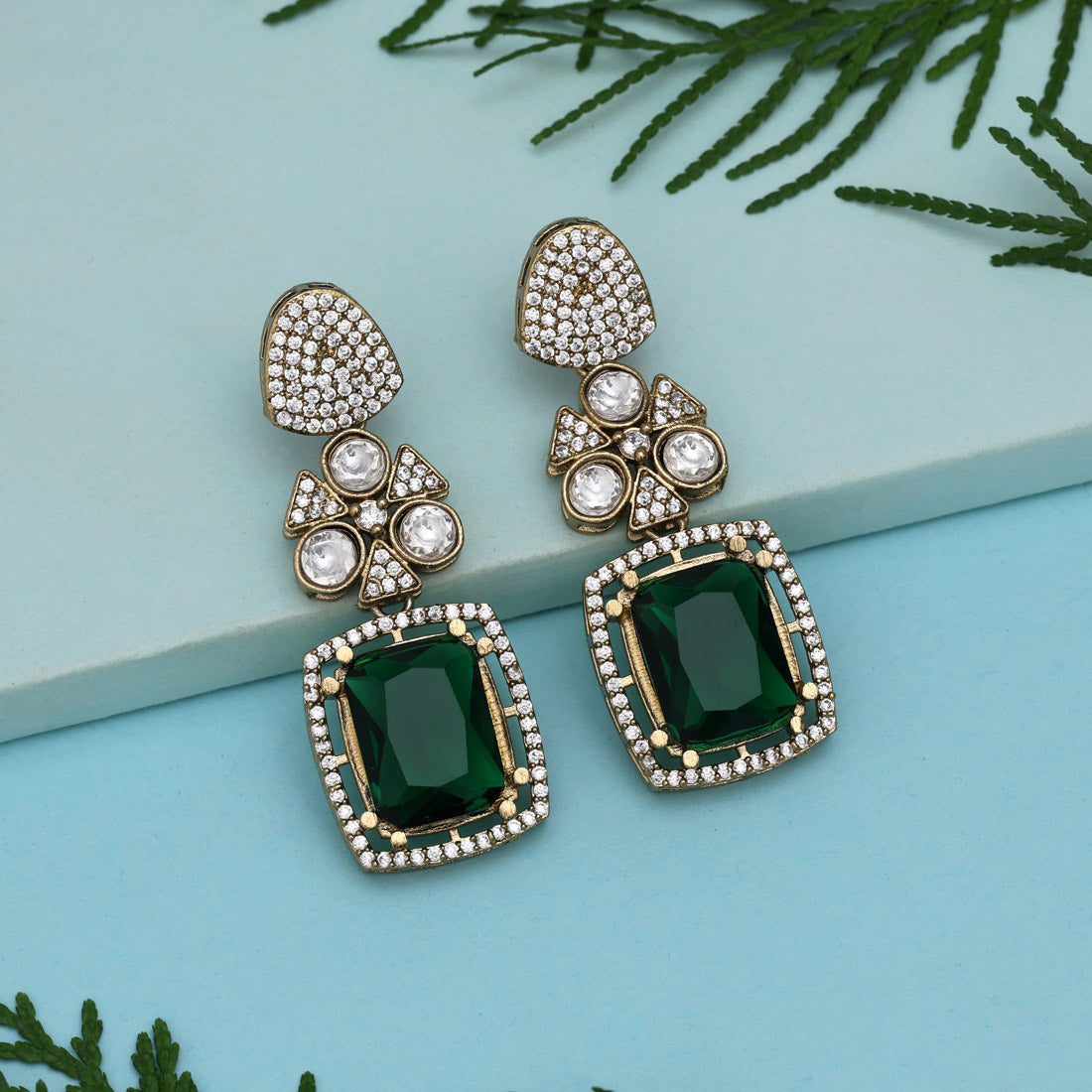 Green Color Royal Look Handmade Jaipur Earrings On Brass Metal With American Diamond And Monalisa Stones Studded On Apala Polish (ADE614GRN) Jewellery GetGlit