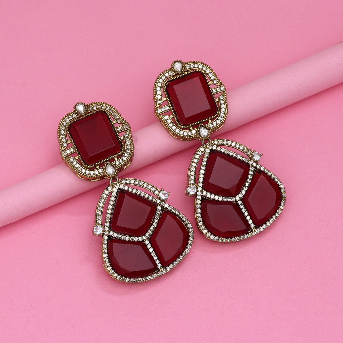 Maroon Color Royal Look Handmade Jaipur Earrings On Brass Metal With American Diamond And Monalisa Stones Studded On Apala Polish (ADE615MRN)