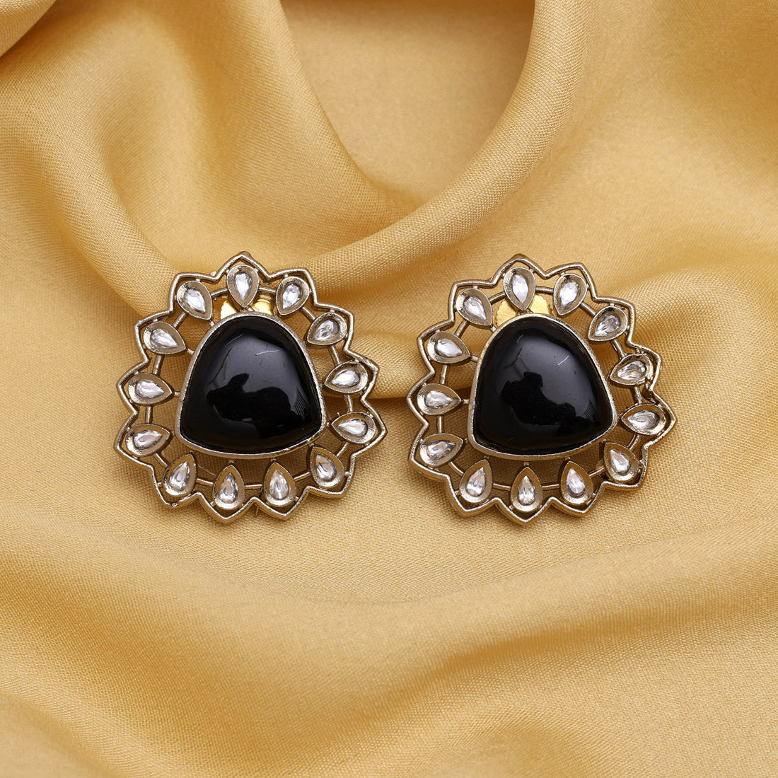 Black Color Royal Look Handmade Jaipur Earrings On Brass Metal With American Diamond And Monalisa Stones Studded On Apala Polish (ADE616BLK) Jewellery GetGlit