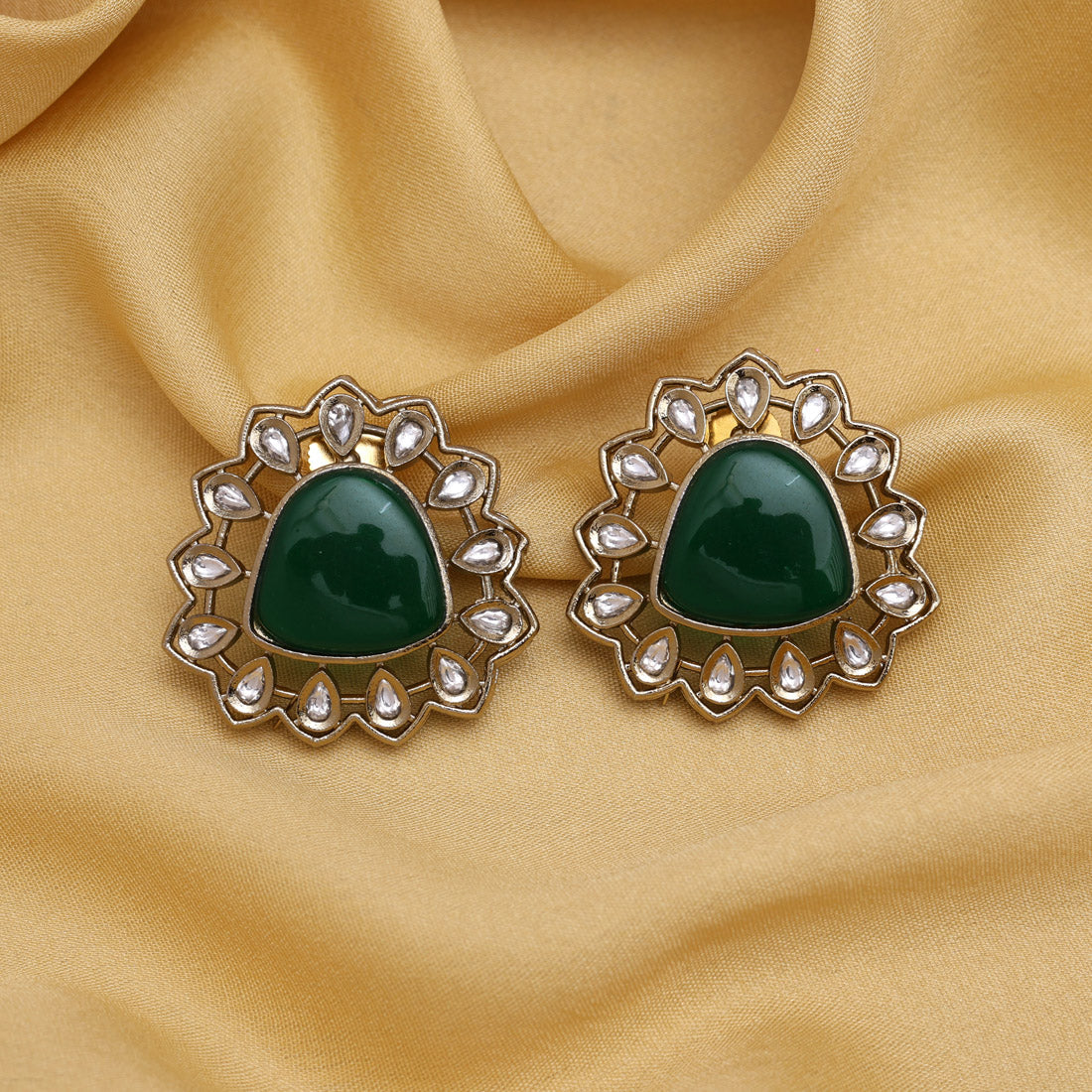 Green Color Royal Look Handmade Jaipur Earrings On Brass Metal With American Diamond And Monalisa Stones Studded On Apala Polish (ADE616GRN) Jewellery GetGlit