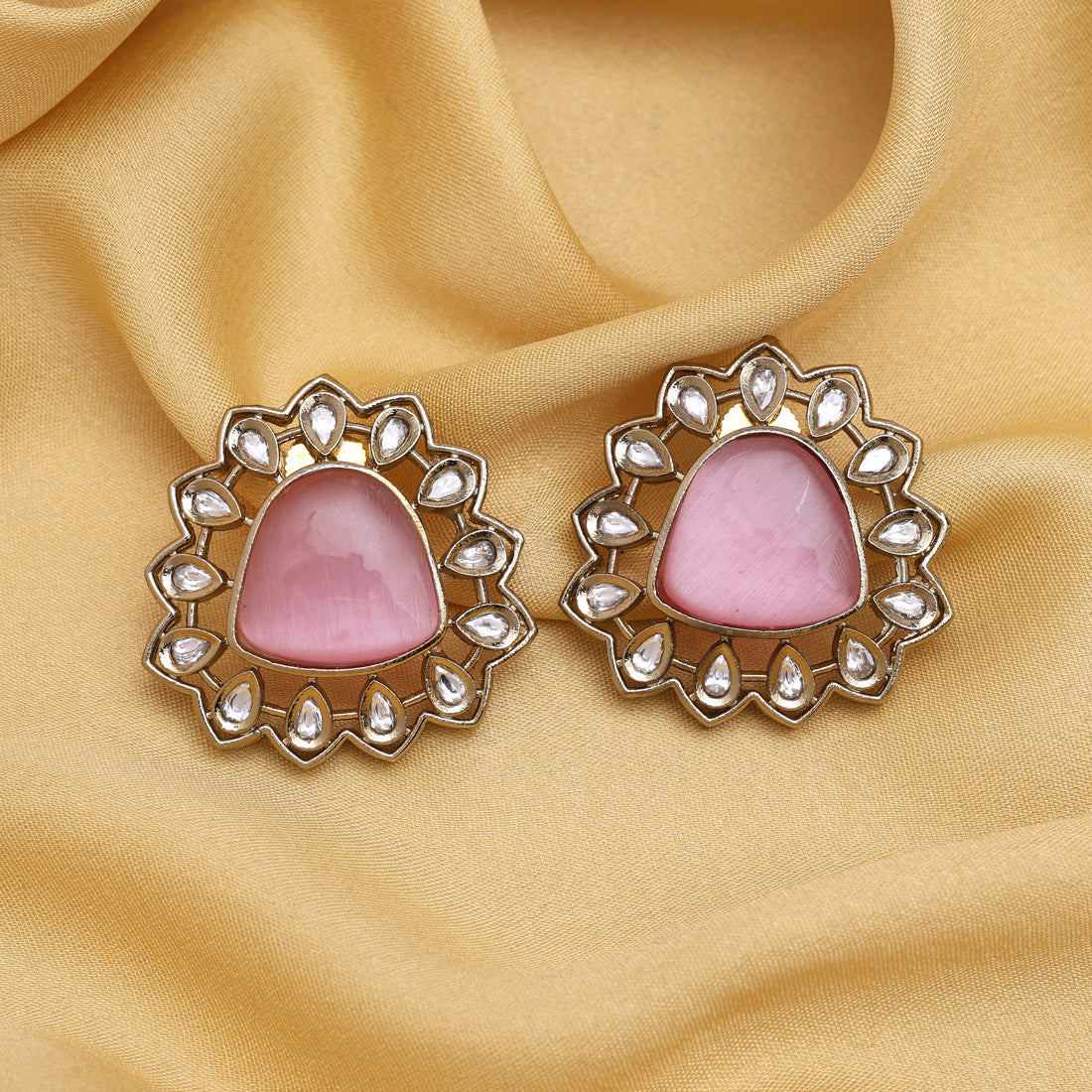 Pink Color Royal Look Handmade Jaipur Earrings On Brass Metal With American Diamond And Monalisa Stones Studded On Apala Polish (ADE616PNK) Jewellery GetGlit