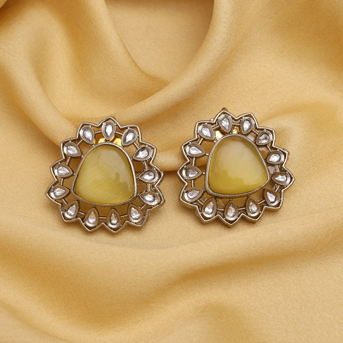 Yellow Color Royal Look Handmade Jaipur Earrings On Brass Metal With American Diamond And Monalisa Stones Studded On Apala Polish (ADE616YLW) Jewellery GetGlit