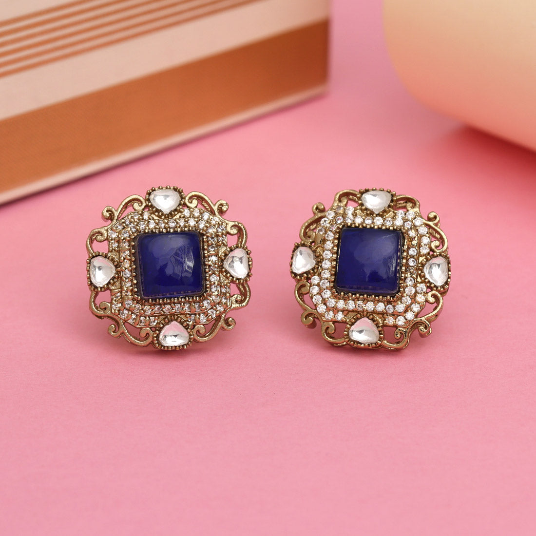 Blue Color Royal Look Handmade Jaipur Earrings On Brass Metal With American Diamond And Monalisa Stones Studded On Apala Polish (ADE618BLU)