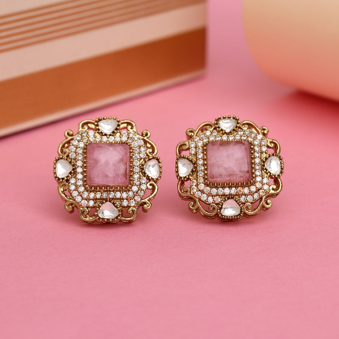 Pink Color Royal Look Handmade Jaipur Earrings On Brass Metal With American Diamond And Monalisa Stones Studded On Apala Polish (ADE618PNK) Jewellery GetGlit