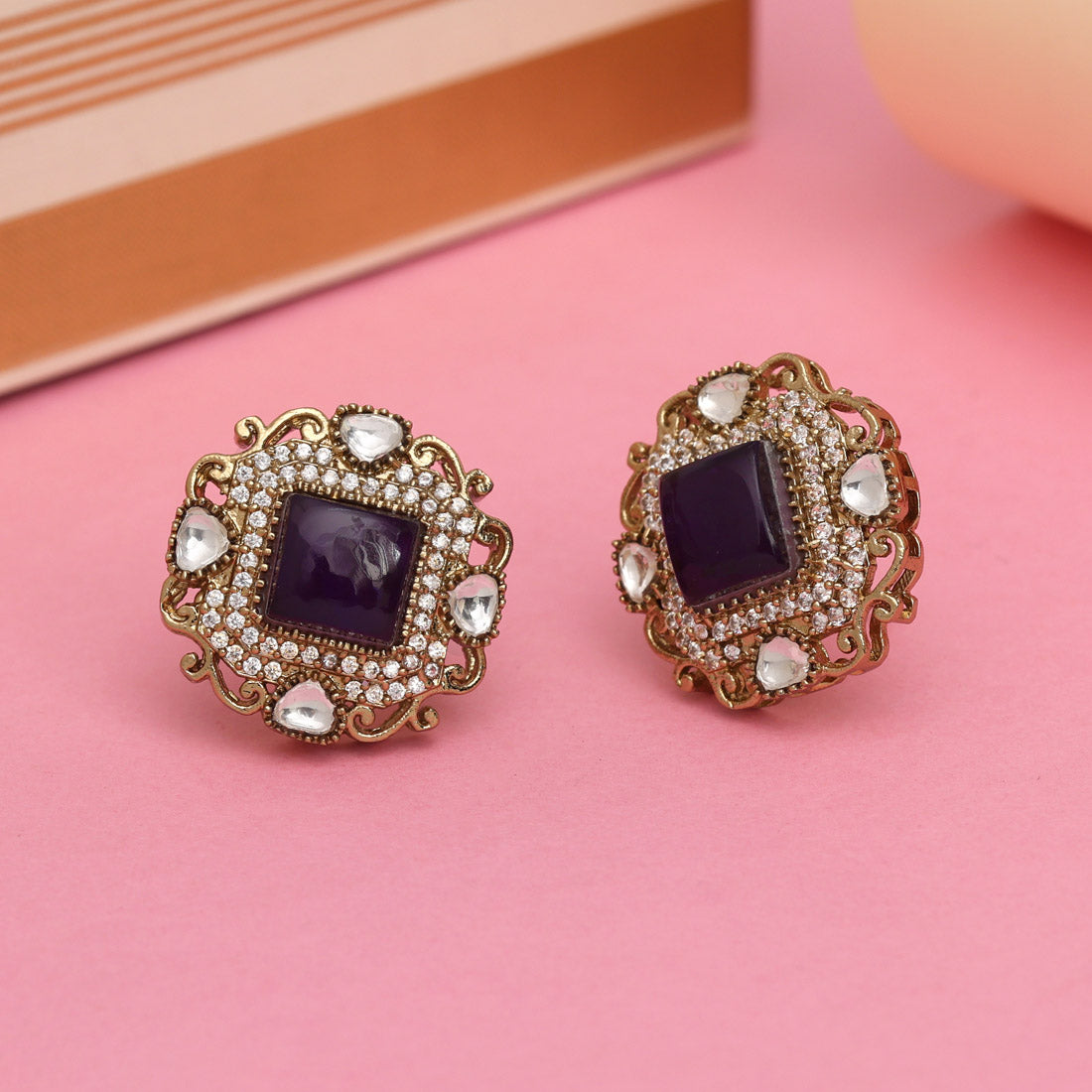 Purple Color Royal Look Handmade Jaipur Earrings On Brass Metal With American Diamond And Monalisa Stones Studded On Apala Polish (ADE618PRP) Jewellery GetGlit