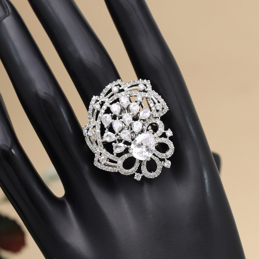 Silver Color American Diamond Finger Ring Jewellery GlitStudio   