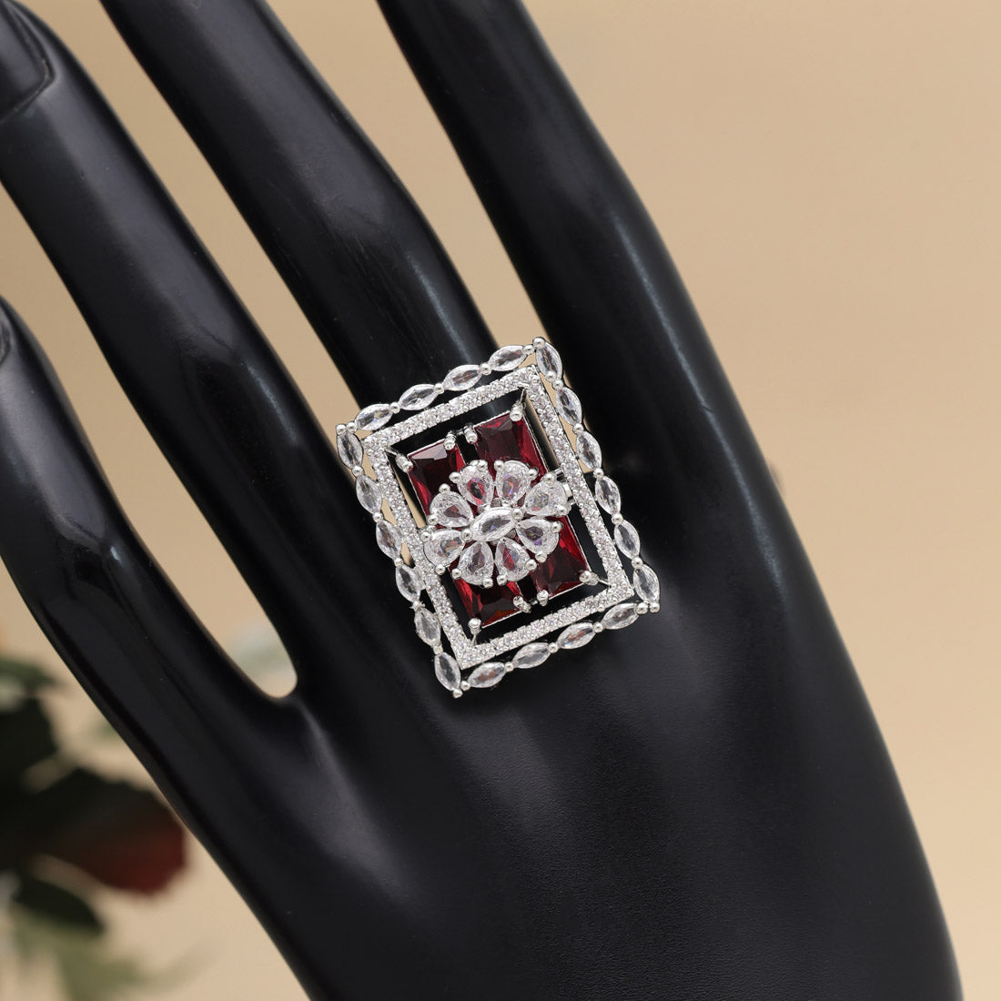 Ruby Color American Diamond Finger Ring Jewellery GlitStudio   