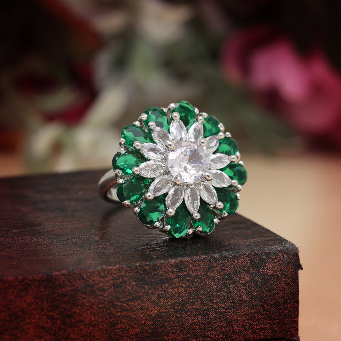 Green Color American Diamond Finger Ring Jewellery GetGlit