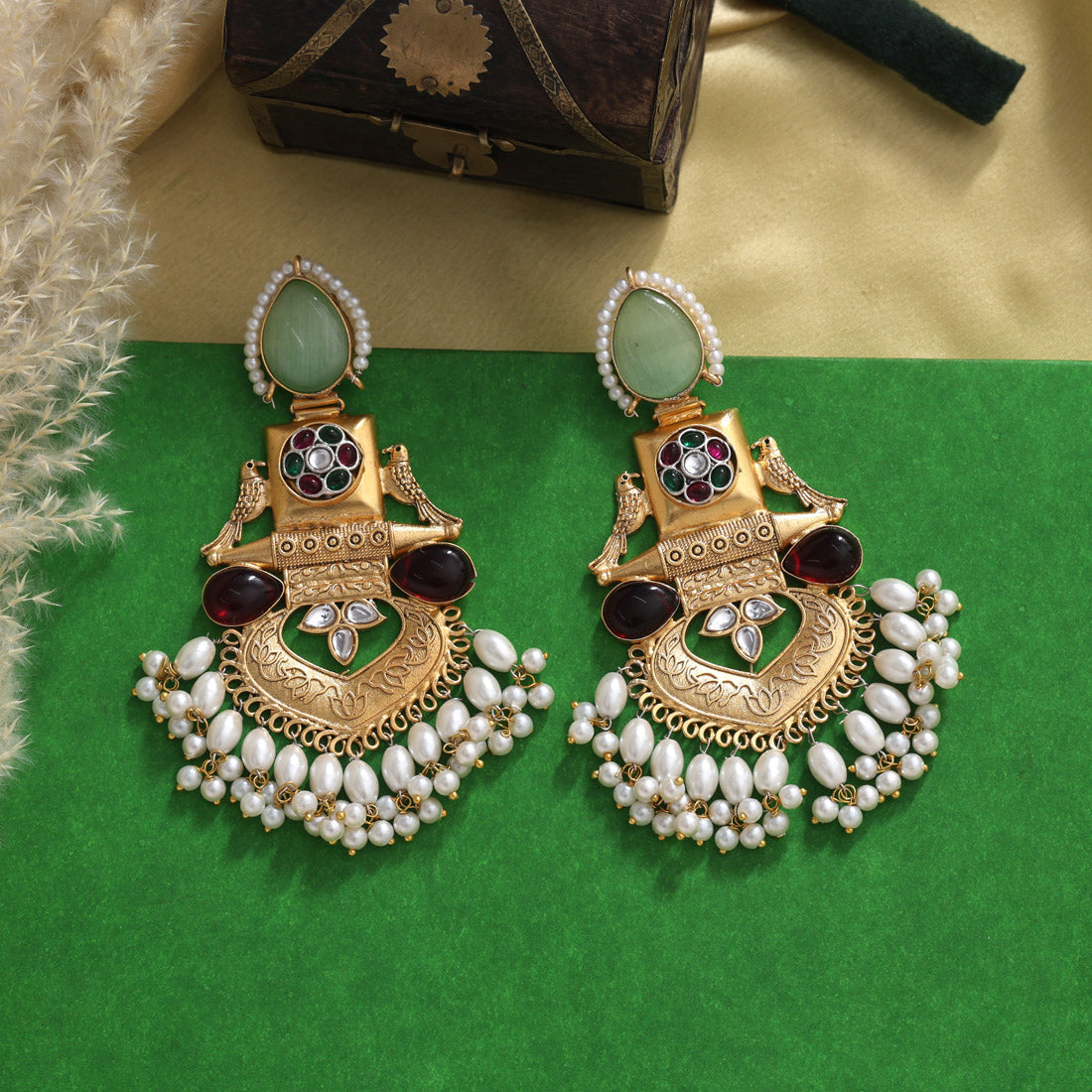 Pista Green & Maroon Color Handmade In Jaipur On Brass Metal With Natural Monalisa Stones & Kundan Amrapali Earrings (AMPE439PGRNMRN) Jewellery GetGlit