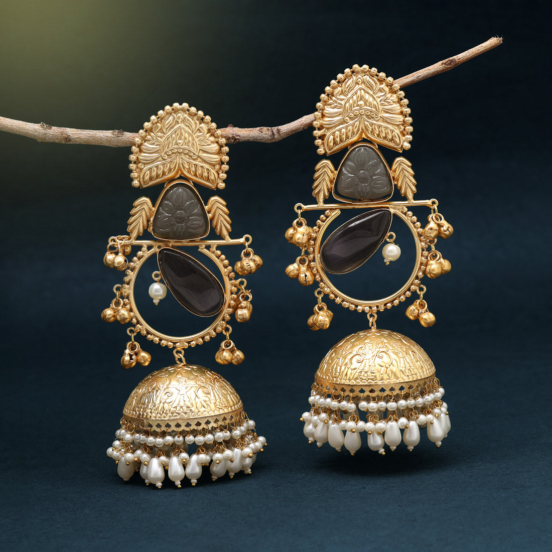 Grey Color Handmade In Jaipur On Brass Metal With Natural Carving & Monalisa Stones Amrapali Earrings (AMPE440GRY)