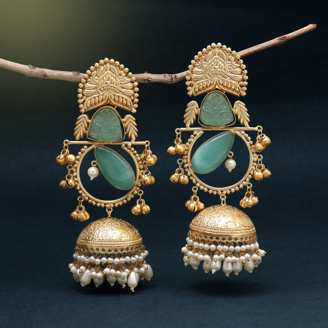 Rama Green Color Handmade In Jaipur On Brass Metal With Natural Carving & Monalisa Stones Amrapali Earrings (AMPE440RGRN)