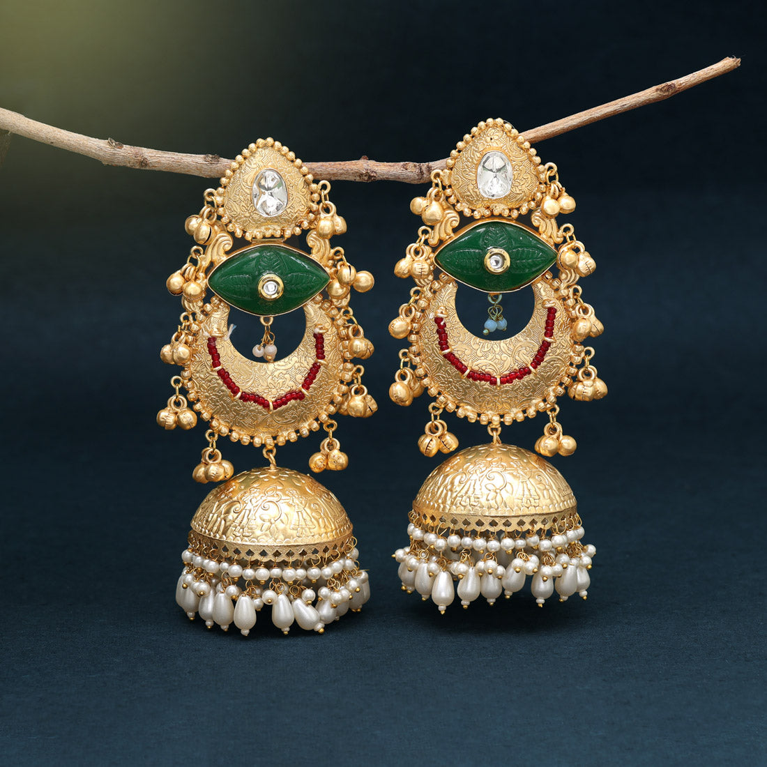 Green Color Handmade In Jaipur On Brass Metal With Carving Stone Amrapali Earrings (AMPE441GRN)