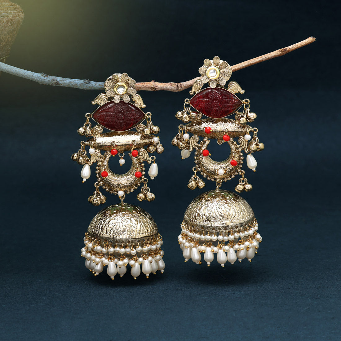 Maroon Color Handmade In Jaipur On Brass Metal With Carving Stone Amrapali Earrings (AMPE445MRN)