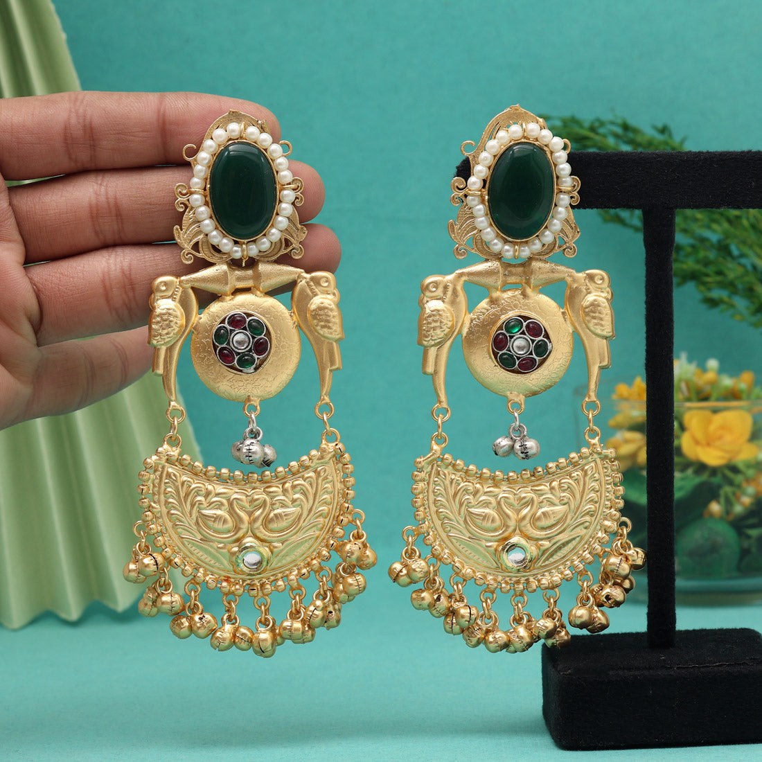 Green Color Premium Monalisa Stone Brass Earrings of Jaipur (AMPE448GRN) Jewellery GetGlit