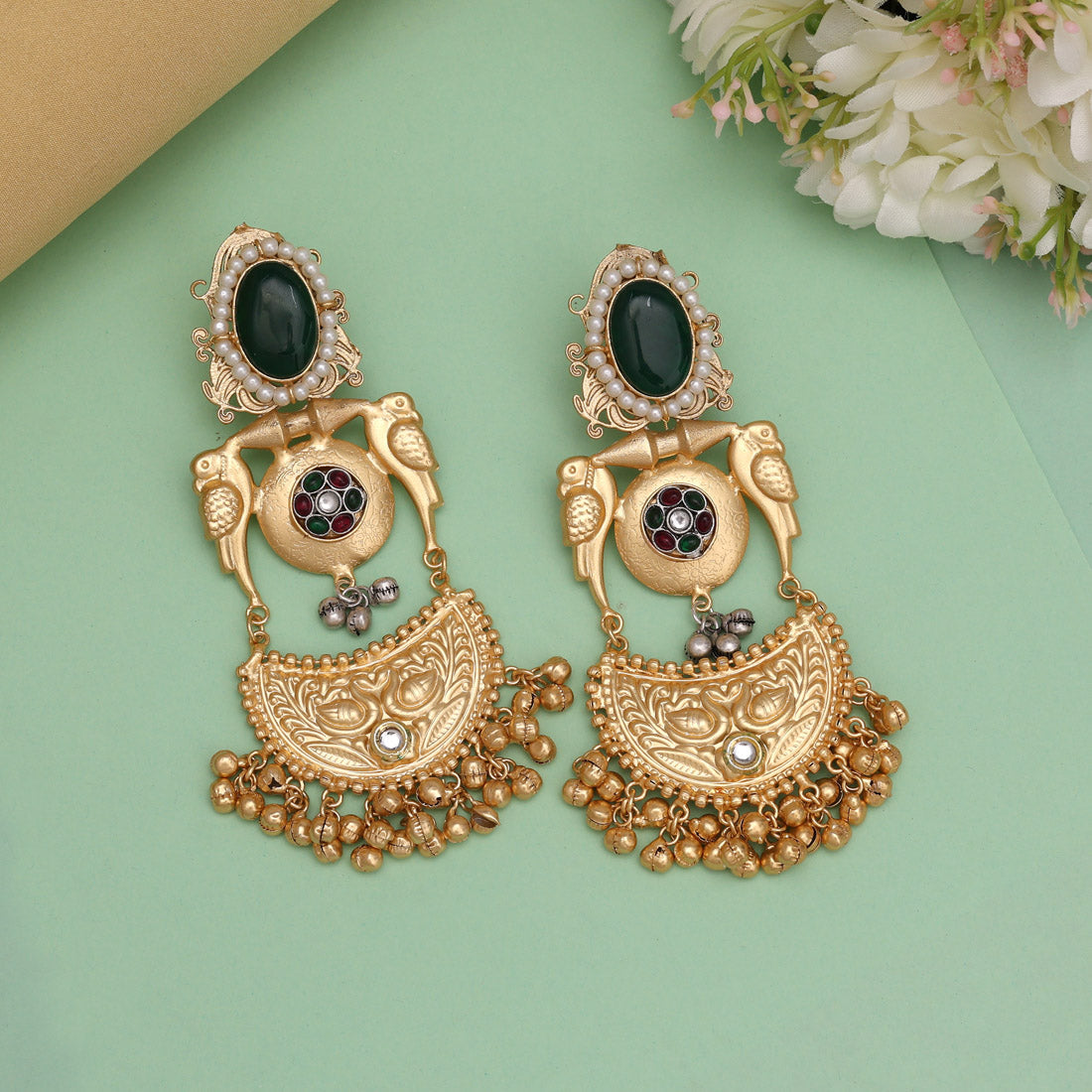 Green Color Premium Monalisa Stone Brass Earrings of Jaipur (AMPE448GRN) Jewellery GetGlit