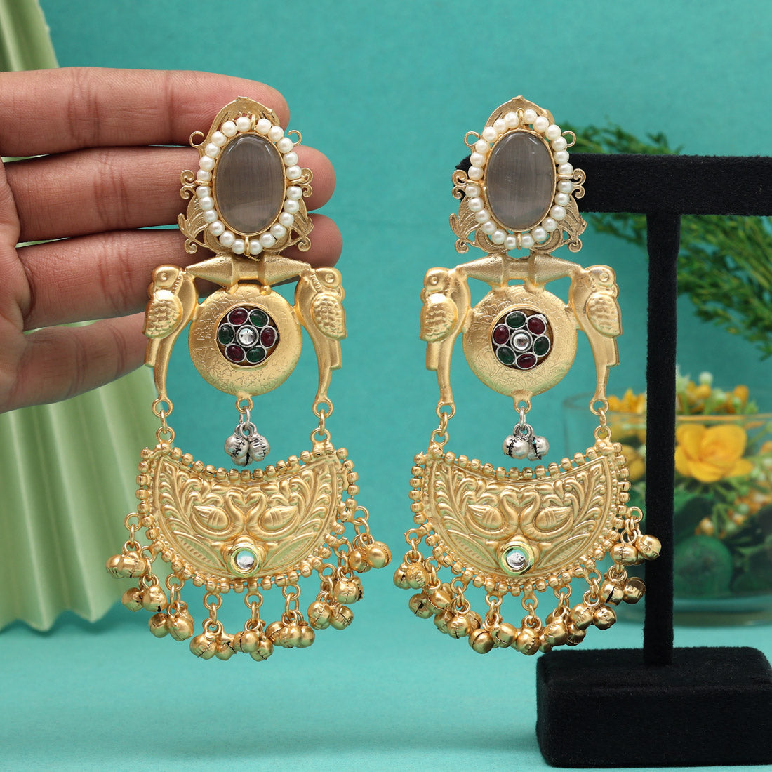 Grey Color Premium Monalisa Stone Brass Earrings of Jaipur (AMPE448GRY) Jewellery GetGlit