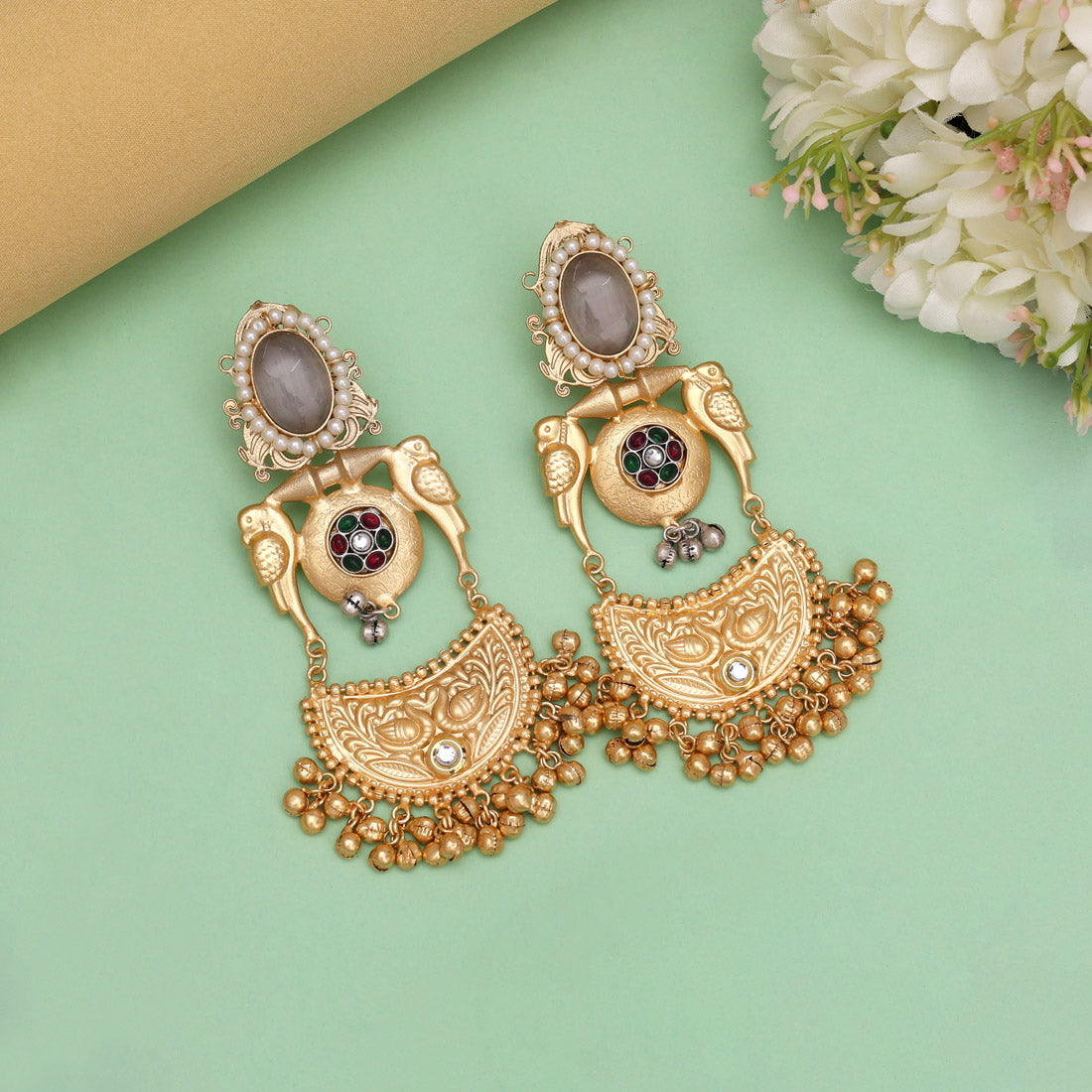 Grey Color Premium Monalisa Stone Brass Earrings of Jaipur (AMPE448GRY) Jewellery GetGlit