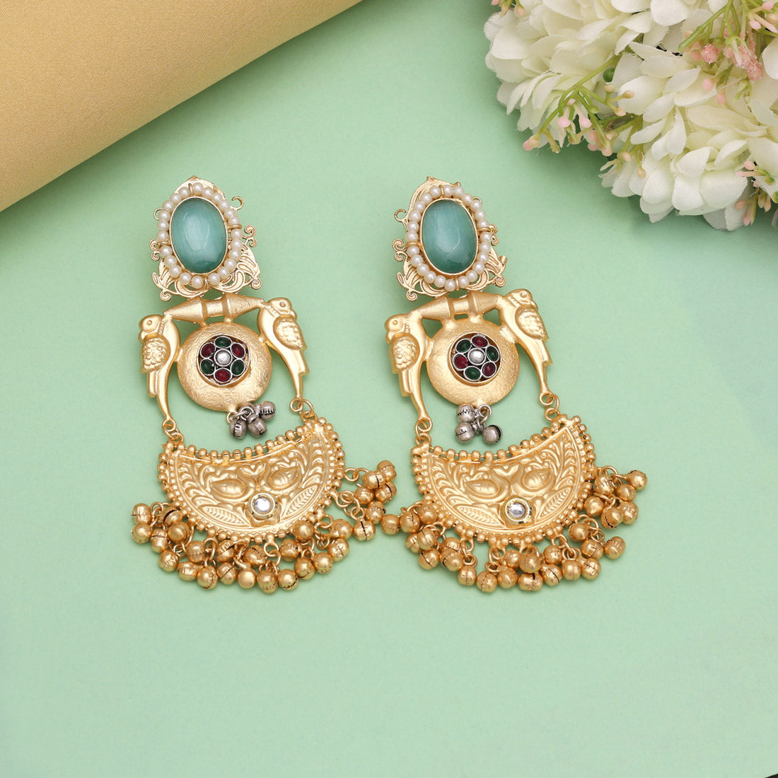 Pista Green Color Premium Monalisa Stone Brass Earrings of Jaipur (AMPE448PGRN) Jewellery GetGlit