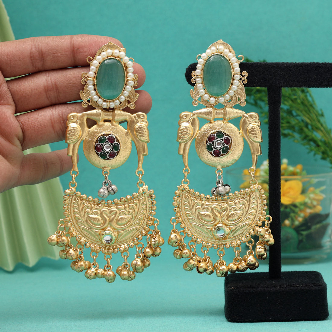 Pista Green Color Premium Monalisa Stone Brass Earrings of Jaipur (AMPE448PGRN) Jewellery GetGlit