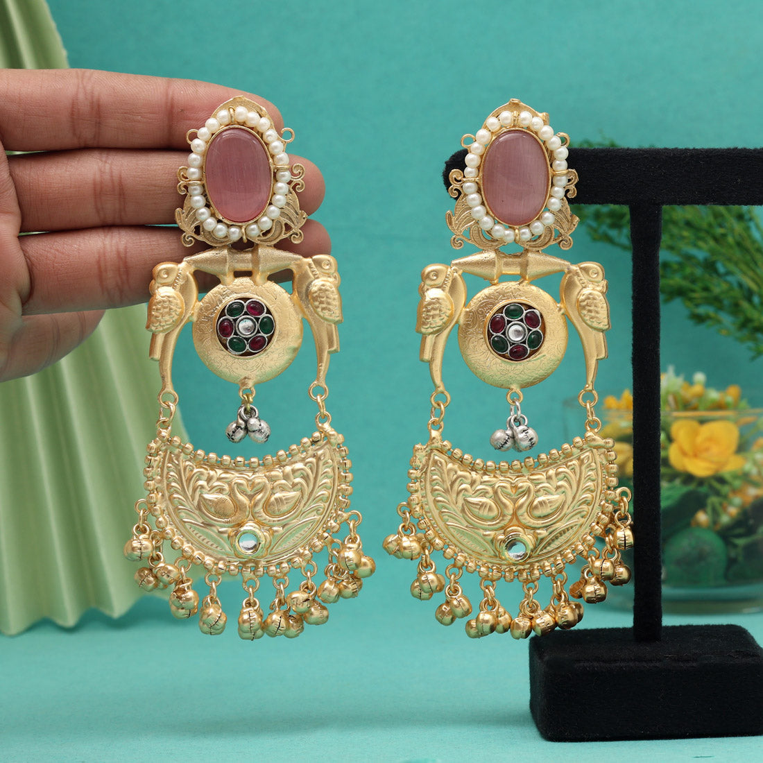 Pink Color Premium Monalisa Stone Brass Earrings of Jaipur (AMPE448PNK) Jewellery GetGlit