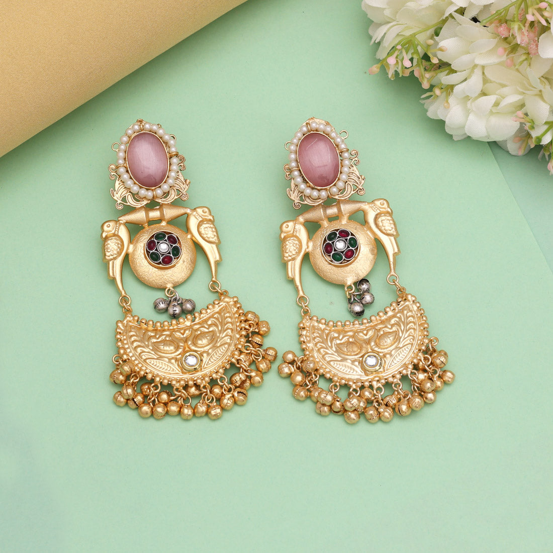 Pink Color Premium Monalisa Stone Brass Earrings of Jaipur (AMPE448PNK) Jewellery GetGlit