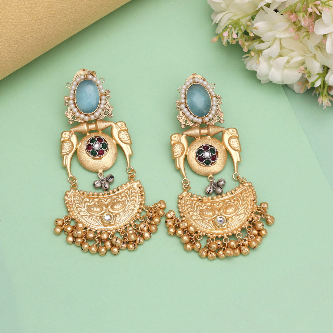 Sky Blue Color Premium Monalisa Stone Brass Earrings of Jaipur (AMPE448SBLU) Jewellery GetGlit