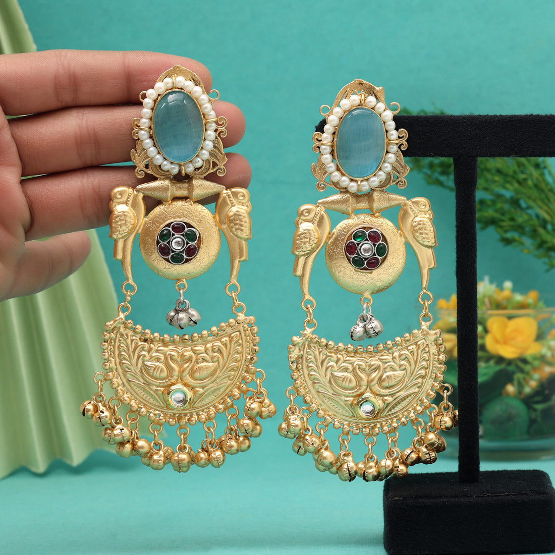 Sky Blue Color Premium Monalisa Stone Brass Earrings of Jaipur (AMPE448SBLU) Jewellery GetGlit