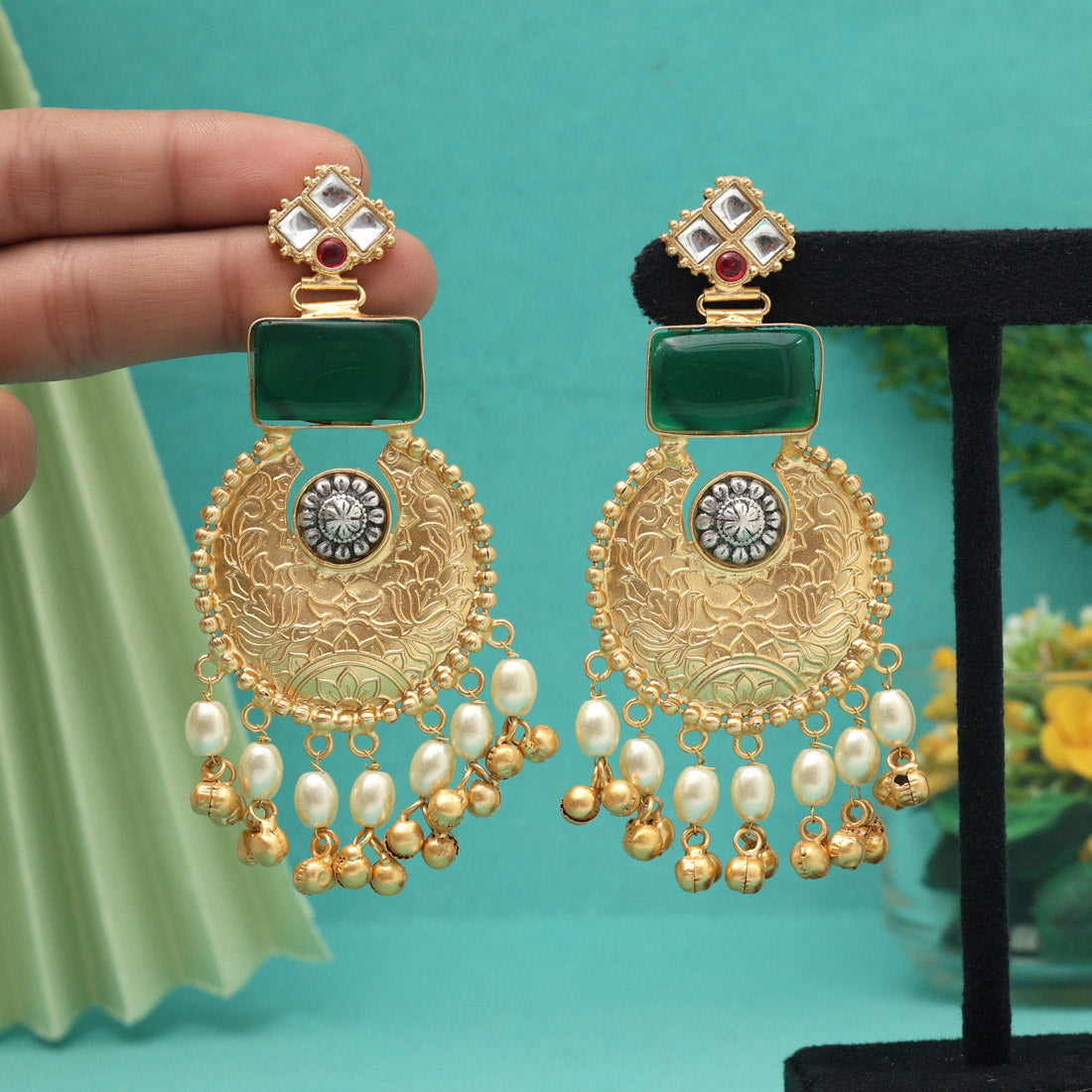 Green Color Handmade Brass Earrings Premium Jaipur Jewellery (AMPE449GRN) Jewellery GetGlit