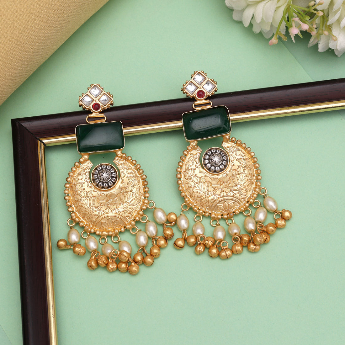 Green Color Handmade Brass Earrings Premium Jaipur Jewellery (AMPE449GRN) Jewellery GetGlit