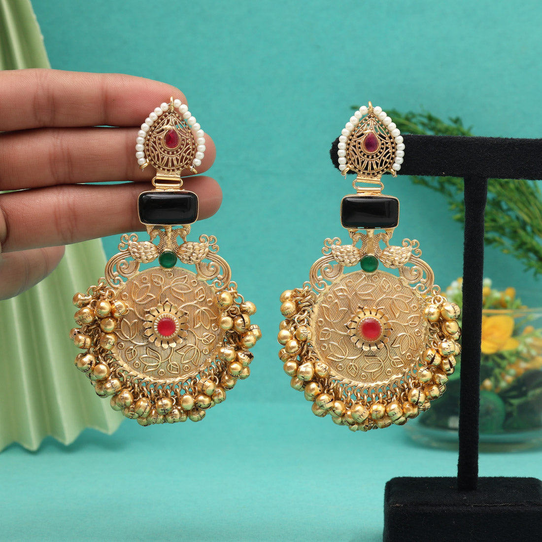 Black Color Unique Designs Jaipur Handmade Premium Brass Earrings with Monalisa Stones (AMPE451BLK) Jewellery GetGlit