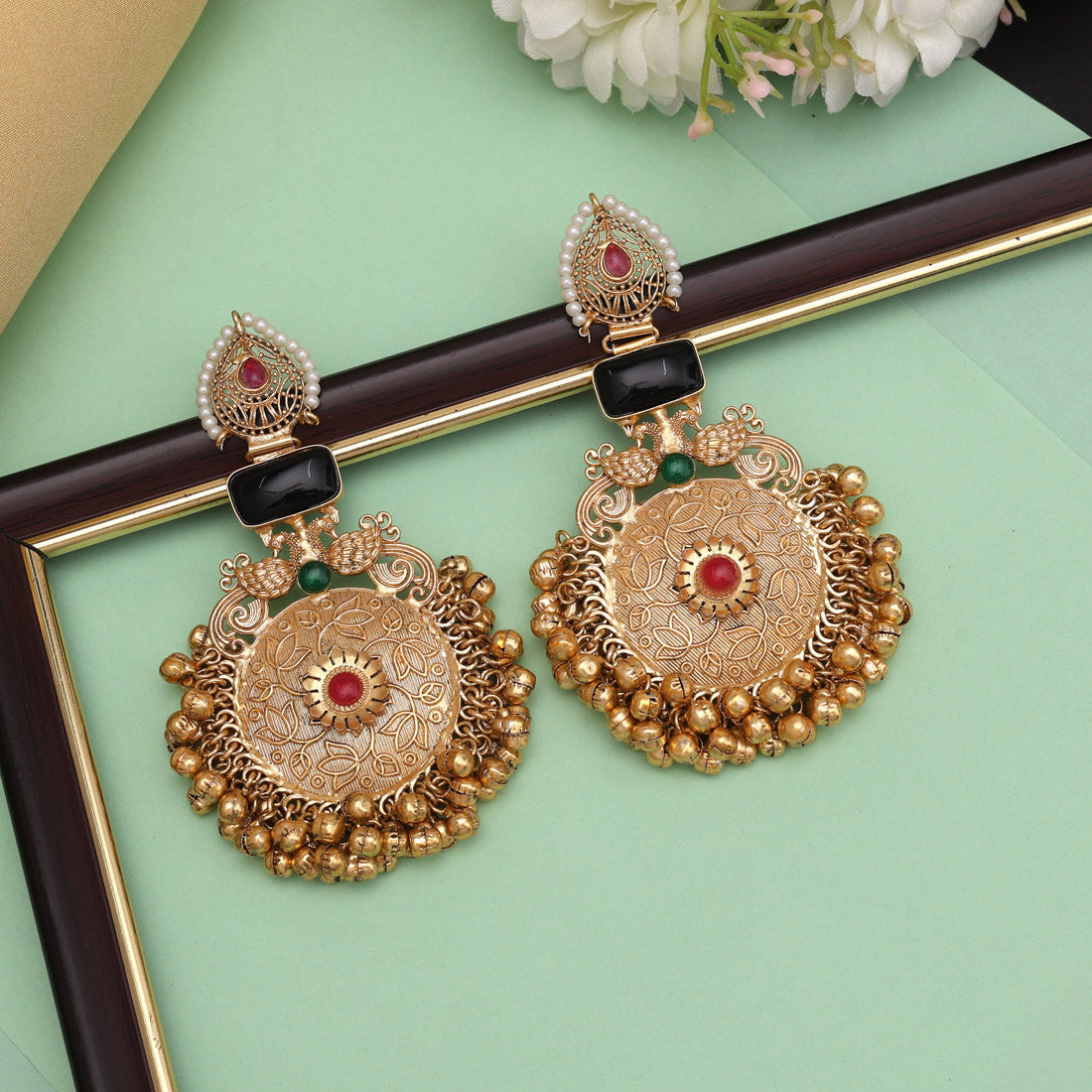 Black Color Unique Designs Jaipur Handmade Premium Brass Earrings with Monalisa Stones (AMPE451BLK) Jewellery GetGlit