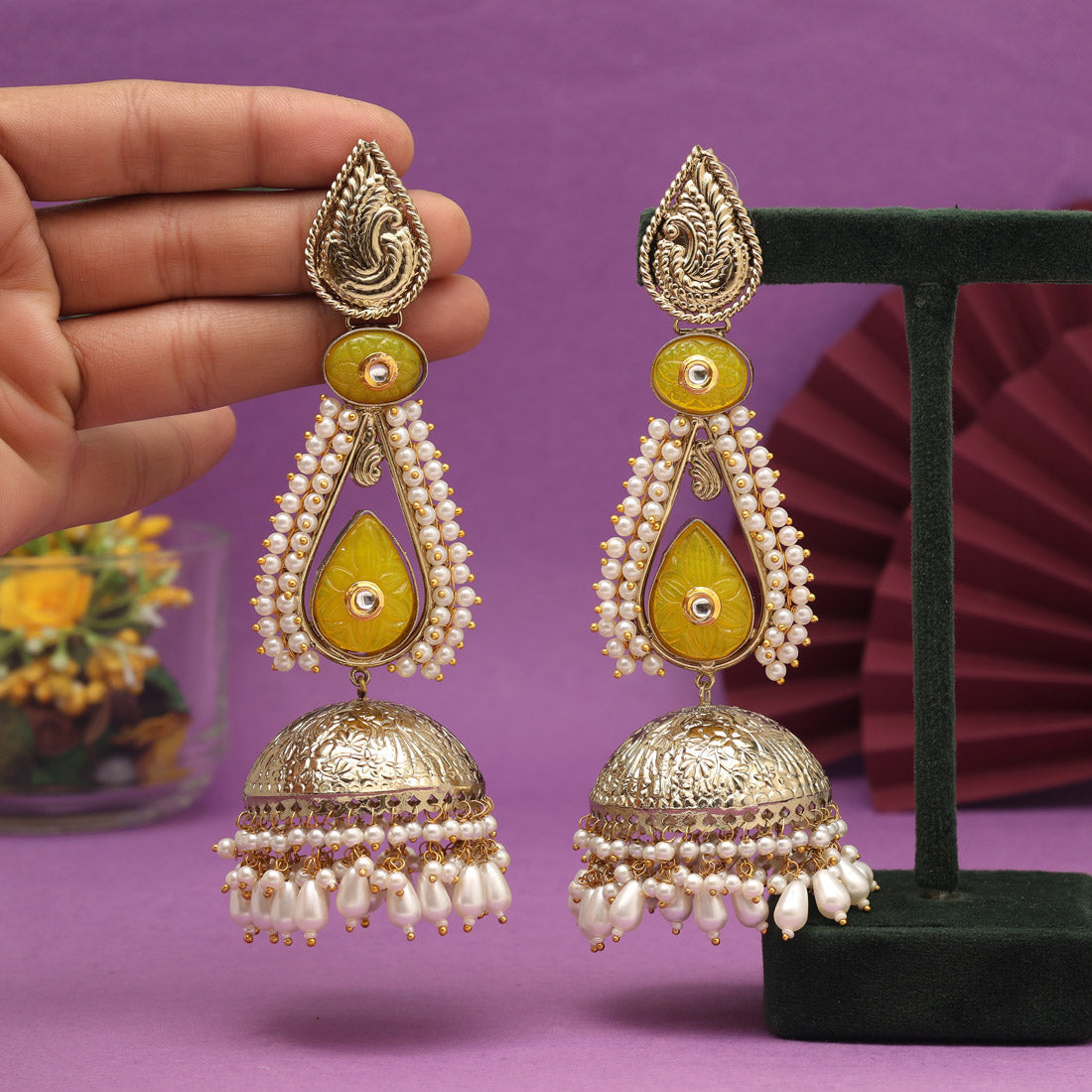 Yellow Color Big Size Jhumka Unique Designs Jaipur Handmade Premium Brass Earrings with Monalisa Stones (AMPE452YLW) Jewellery GetGlit