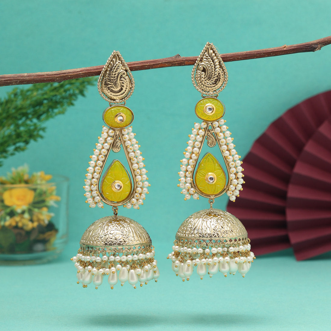 Yellow Color Big Size Jhumka Unique Designs Jaipur Handmade Premium Brass Earrings with Monalisa Stones (AMPE452YLW) Jewellery GetGlit