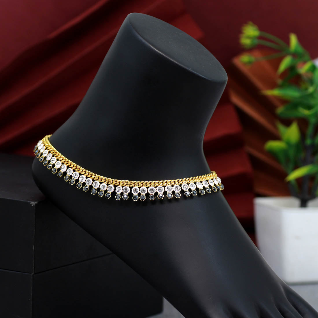 Black Color Rhinestone Anklets (ANK928BLK) Jewellery GetGlit