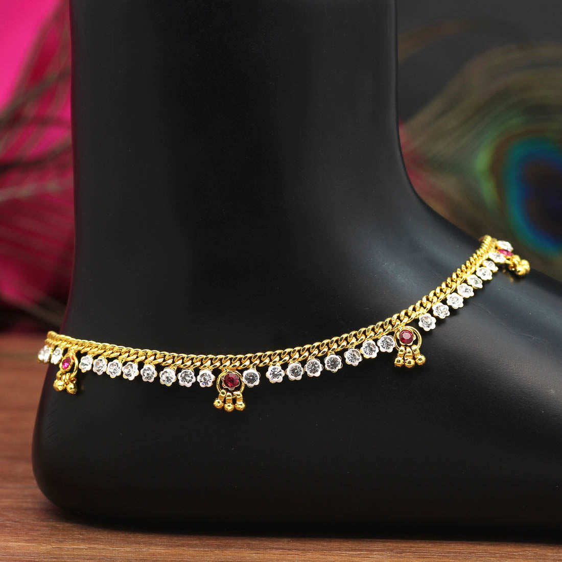 Rani & White Color Rhinestone Anklets (ANK966RNIWHT)  GetGlit   