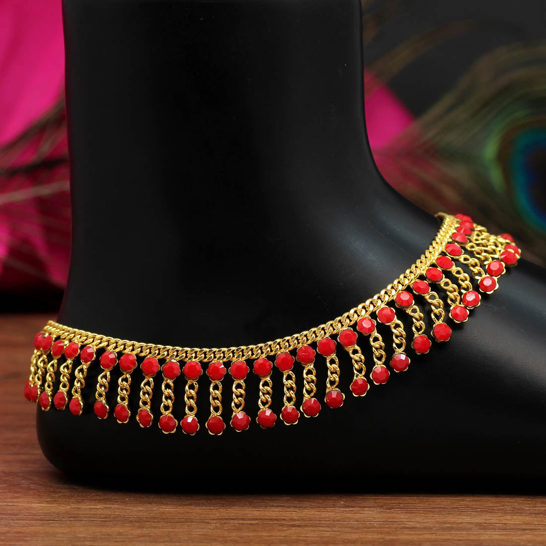 Red Color Glass Stone Anklets (ANK972RED) Jewellery GetGlit   