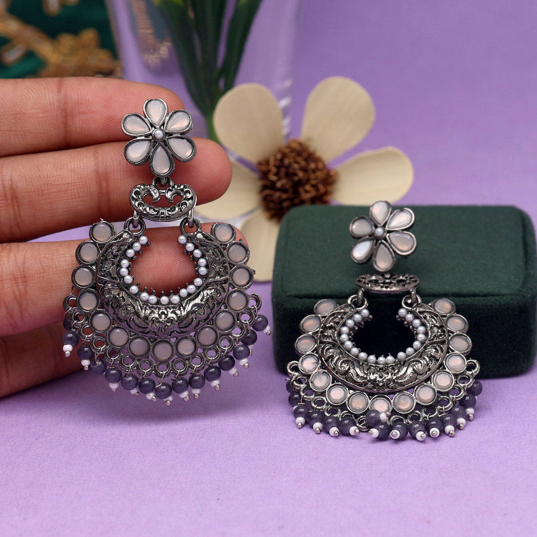 Gray Color Antique Earrings (ANTE1651GRY) Earrings GetGlit   