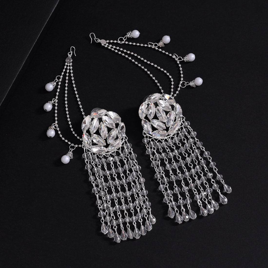 Silver Color Antique Stone Earrings With Chain (ANTE1755SLV) Jewellery GetGlit