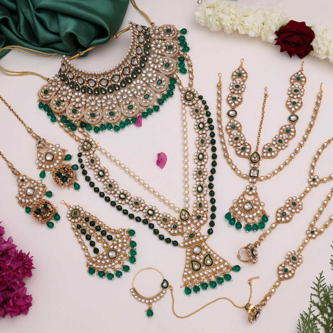 Green Color Kundan Dulhan Set (BDL250GRN) Jewellery GetGlit