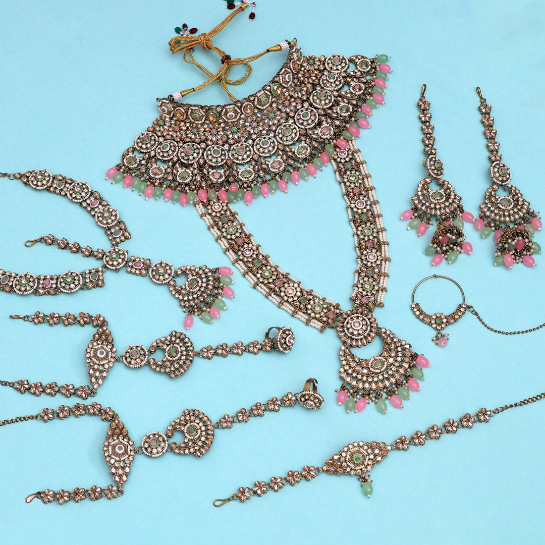 Pink & Pista Green Color Kundan Dulhan Set (BDL258PNKPGRN) Jewellery GetGlit