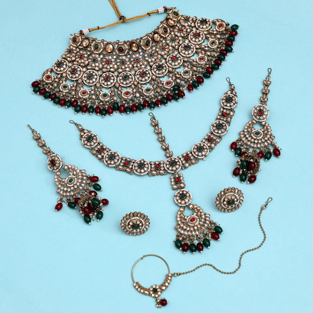 Maroon & Green Color Kundan Dulhan Set (BDL259MG) Jewellery GetGlit