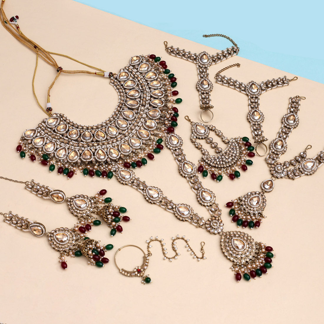 Maroon & Green Color Kundan Dulhan Set (BDL261MG) Jewellery GetGlit