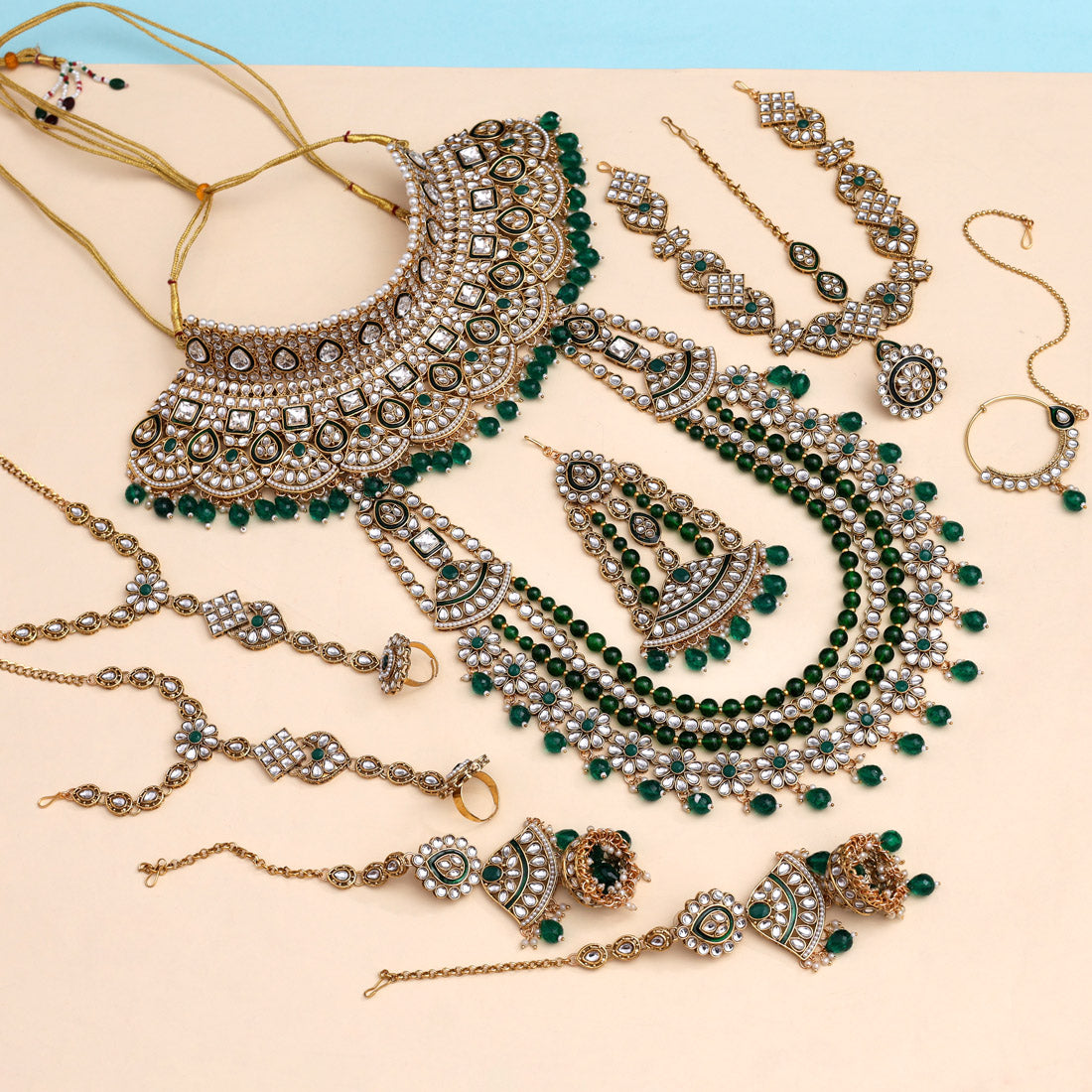 Green Color Meena Work Kundan Dulhan Set (BDL266GRN) Jewellery GetGlit