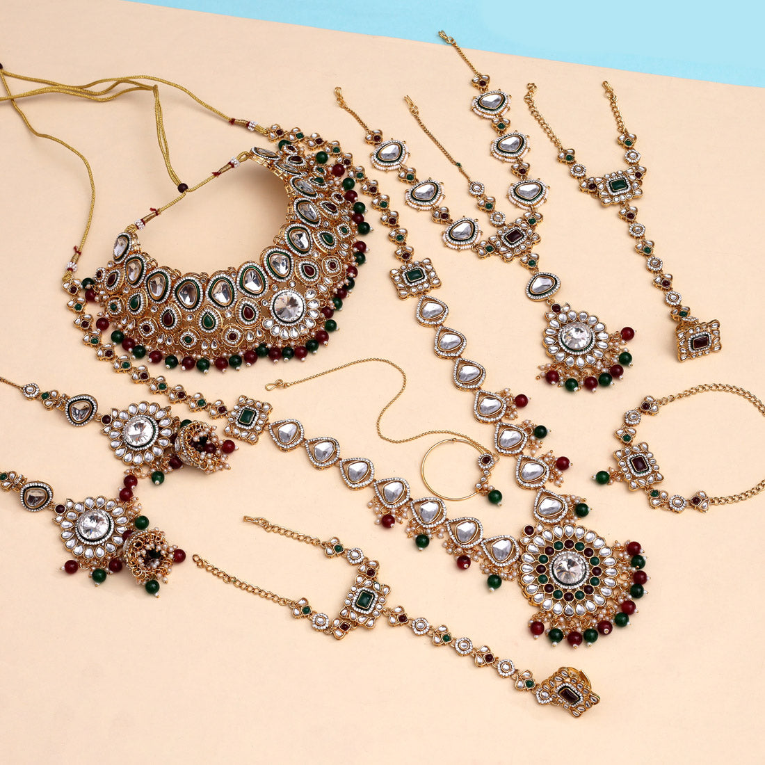 Maroon & Green Color Meena Work Kundan Dulhan Set (BDL267MG) Jewellery GetGlit