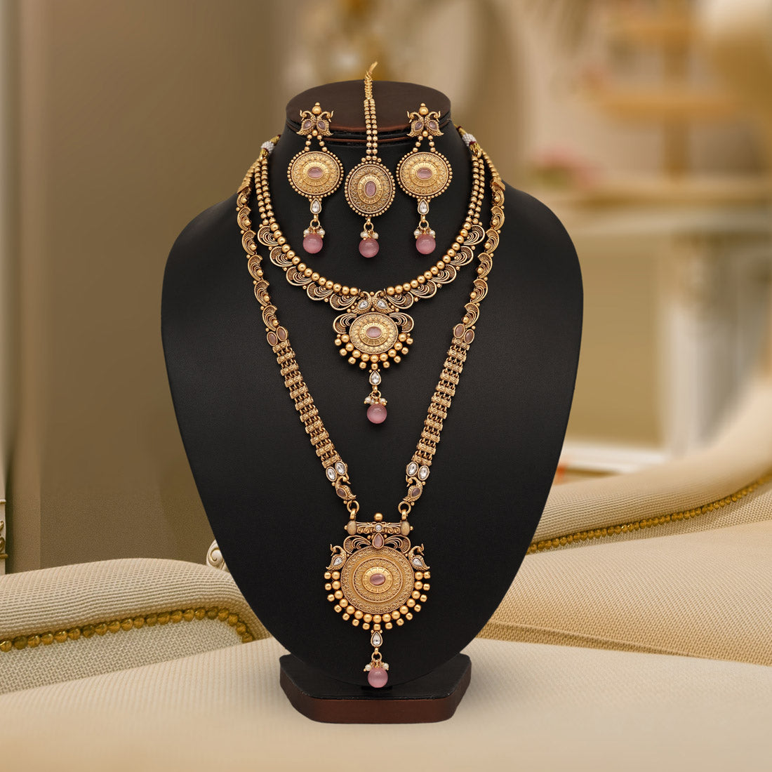 Pink Color Premium Copper Necklace Set Jewellery GlitStudio   