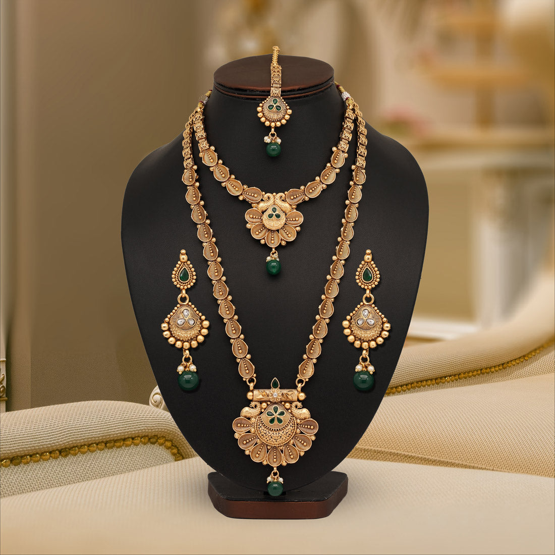 Green Color Premium Copper Necklace Set Jewellery GlitStudio   