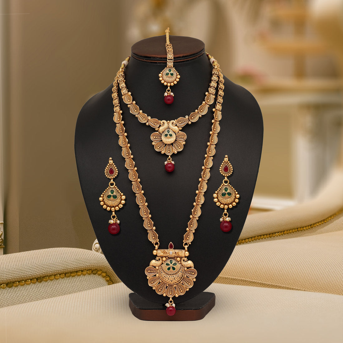 Maroon & Green Color Premium Copper Necklace Set Jewellery GlitStudio   