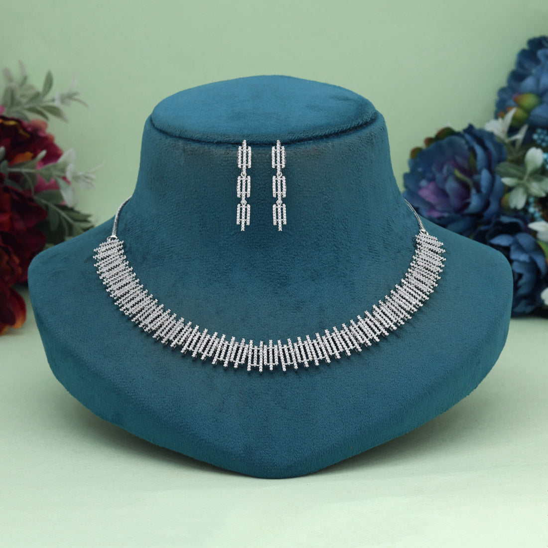 Silver Color American Diamond Necklace Set (CZN1012SLV) Jewellery GetGlit   